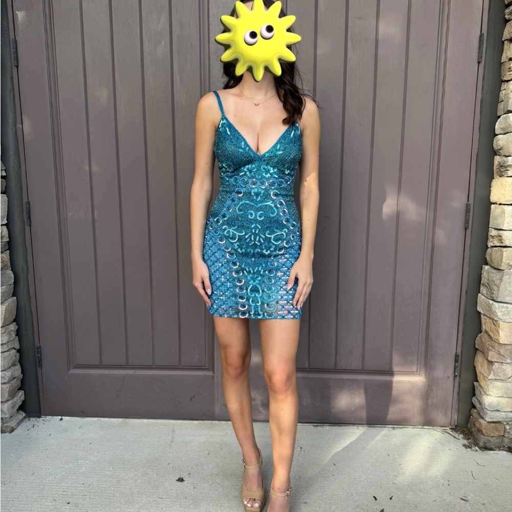 Jovani Sequined Teal Cocktail Dress